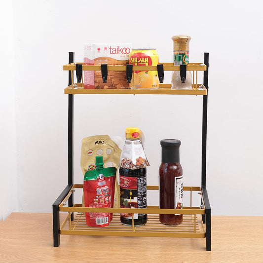 The Better Home Trapezoidal Seasoning Rack  Stackable Kitchen Basket For Storage  Carbon Steel Collapsible Foldable Basket For Fruits And Vegetables  Rust-Resistant Black Gold - Design 1