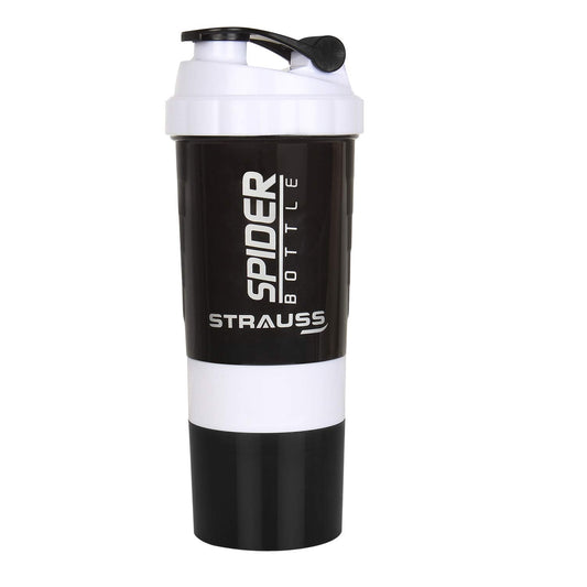 STRAUSS Spider Gym Shaker Bottle, 500ML, 2 Storage Compartments, Leakproof, BPA Free, for Pre/Post-Workout, White