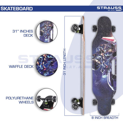 STRAUSS Plastic Spunkz Skateboard, Anti-Skid, Light-Up Wheels, High Precision Bearings, 31x8 Inch, Ideal for 8+ Years, Biker Brown