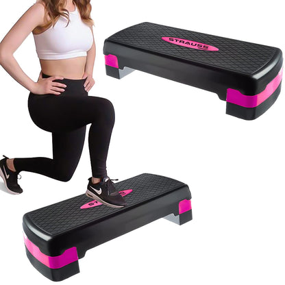 Strauss Aerobic Stepper: 4" & 6" height, slip-resistant, shock-absorbing, supports up to 200 KG, pink.