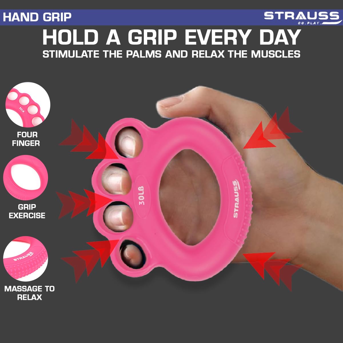 Strauss Adjustable Finger and Hand Exerciser  FingerPalm Gripper  Hand Strengthener for Carpal Tunnel Relief and Grip Strength for Men  Women Pink