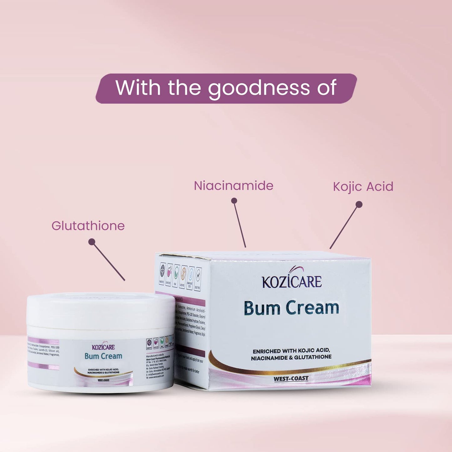 Kozicare Bum Cream with 0.01 Glutathione 1 Niacinamide  0.01 Kojic Acid - 50 GM