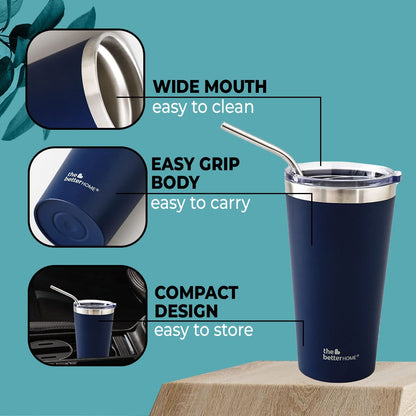 The Better Home 450ml Insulated Coffee Tumbler, 304 Stainless Steel, Leakproof, 6 hrs hot/cold, with Lid & Straw, Perfect for Travel, Home, Office, Blue.