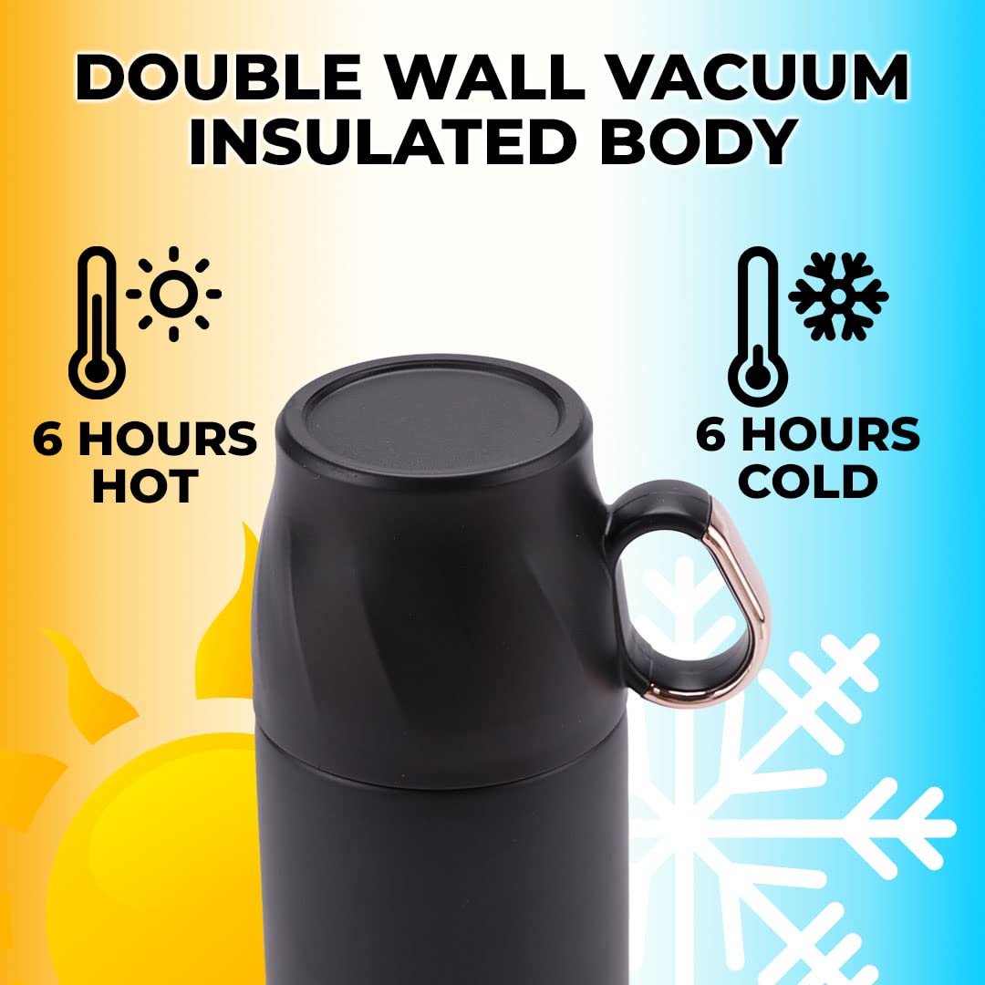 The Better Home 500ml Insulated Flask with Cup, Leak & Rust Proof, 6 Hours Hot/Cold, Black Stainless Steel.