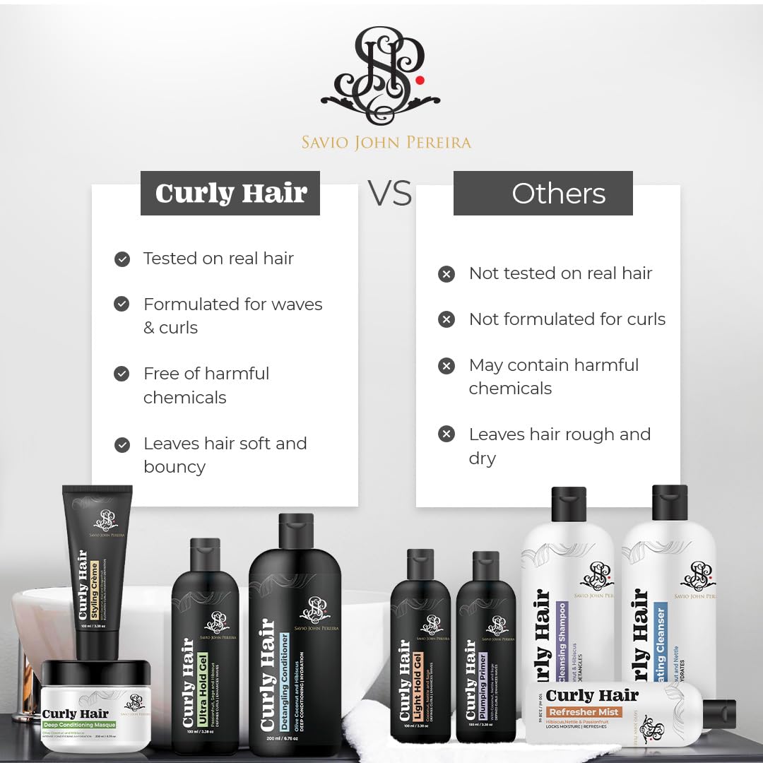 Curly Hair Essentials Set: Ultra Gel, Cream, Plumping Primer, Refresher Mist. Magic care for curls with Shea Butter & Coconut by Savio John Pereira.