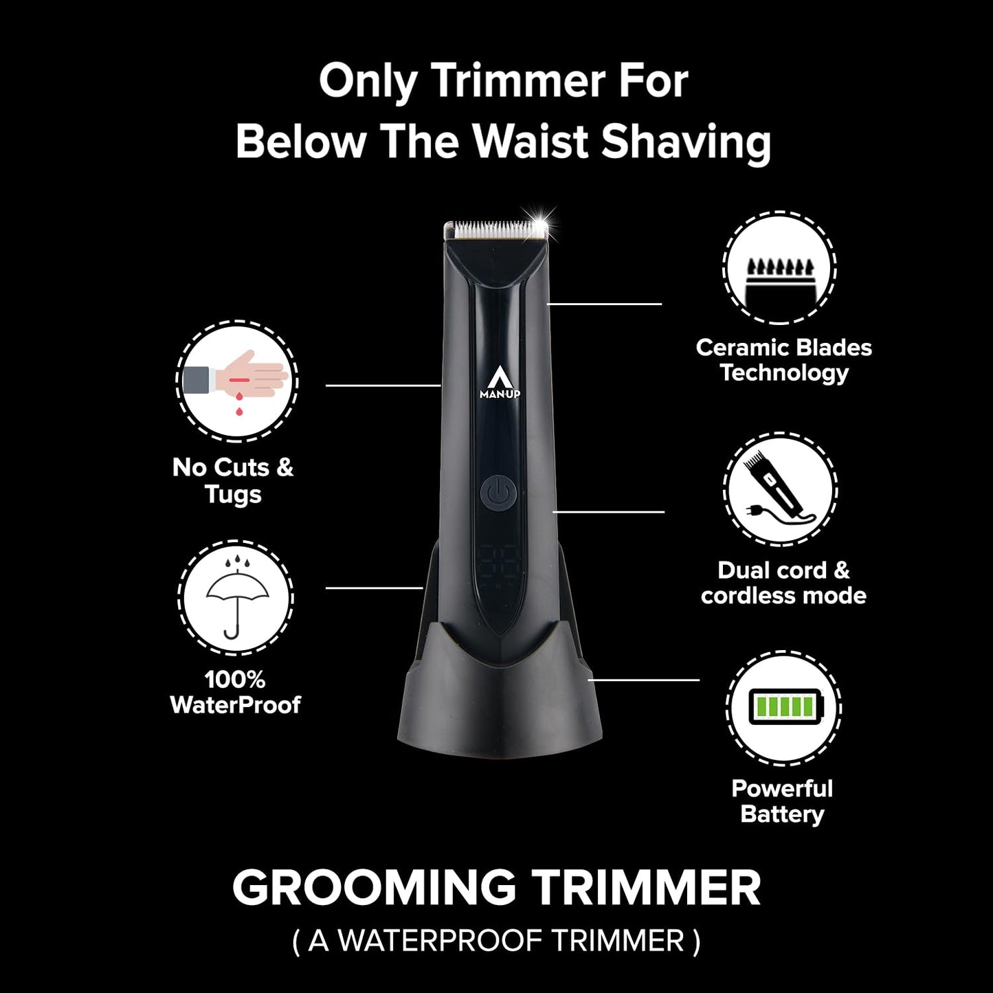 Man-Up Waterproof Cordless Trimmer for Men, LED Display, USB Rechargeable, 90 Mins Runtime, Pack of 2.