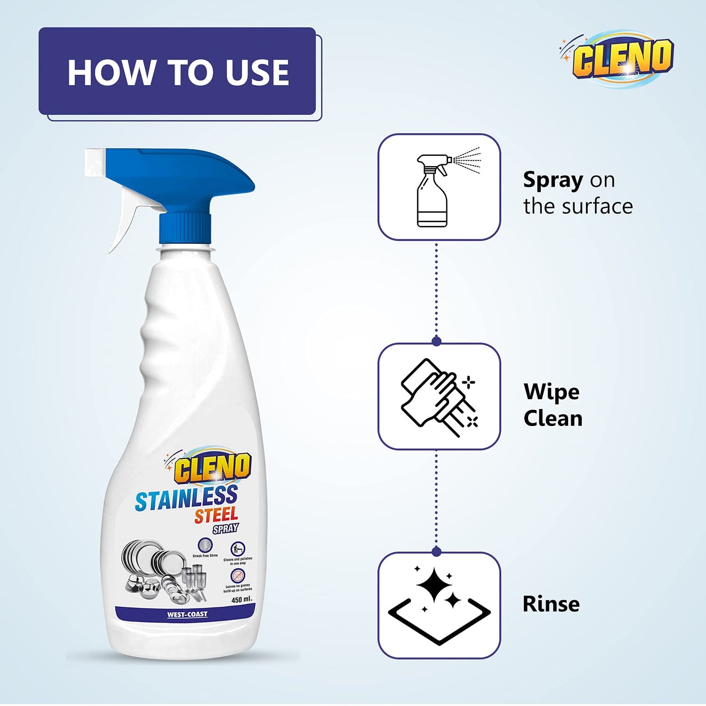 Cleno Stainless Steel Cleaner Spray Cleans Stainless Steel SurfacesStainless Steel BottleKitchen Stainless Steel AppliancesCountertops- 450ml Pack of 5 Ready to Use
