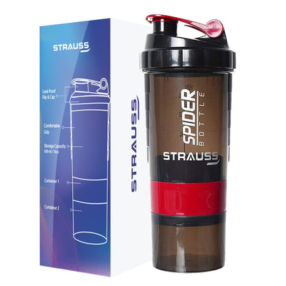 STRAUSS Spider Gym Shaker Bottle, 500ML, 2 Storage Compartments, Leakproof, BPA Free, Red