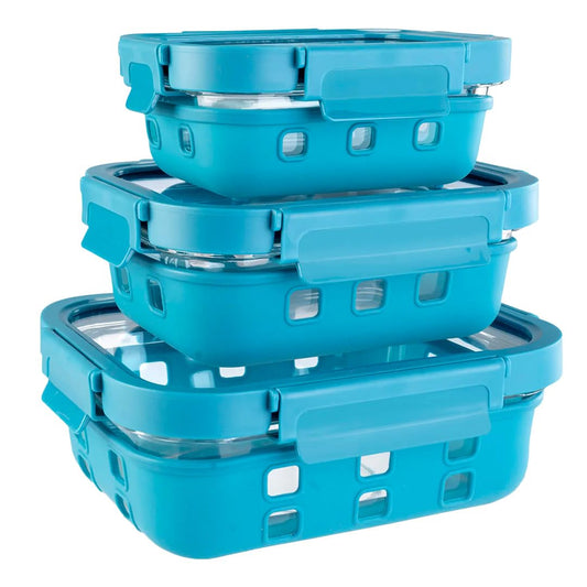 The Better Home Glass Tiffin Box 3Pcs-1050Ml370Ml640Ml Airtight Microwave Safe Lunch Box For Office, Fridge Storage, Blue