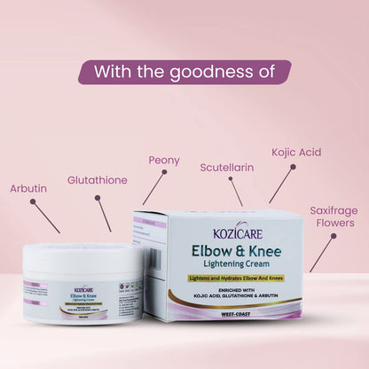 Kozicare Elbow & Knee Lightening Cream: Glutathione, Arbutin, Kojic Acid. Improves texture, hydrates, softens, eliminates patchy skin - 50gm.