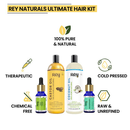 Rey Naturals hair oils kit: Castor, Coconut, Tea tree, Rosemary oils. Controls hairfall, no mineral oil, silicones, or synthetic fragrance.