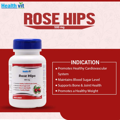 Healthvit Rose Hips 500mg: Healthy bones, joints, weight, blood sugar, cardiovascular system. 100% natural, vegan. 60 capsules.