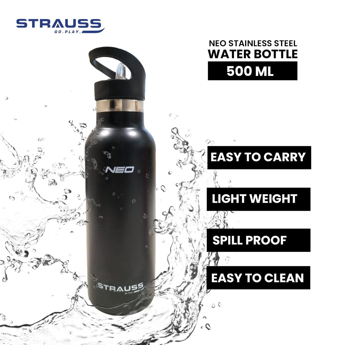 STRAUSS 500ml Stainless Steel Water Bottle, Leak Proof, BPA Free, Vacuum Insulated, Eco-Friendly, Durable, Sweat-Proof, Ideal for School, Office, Gym.