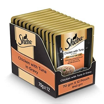 Sheba Chicken With Tuna In Gravy Premium Adult Cat Wet Food and Chicken All Life Stage Cat Dry Food Combo