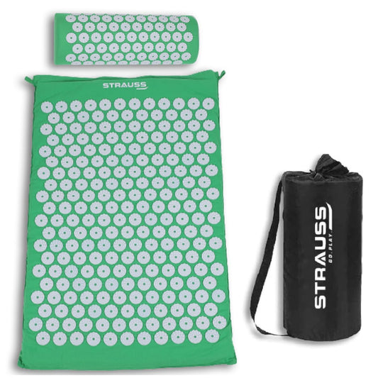 STRAUSS Pain Relief Acupressure Mat with Pillow for Yoga, Muscle Relaxation, Sciatica, Blood Circulation, 68x42x2 CM, Green