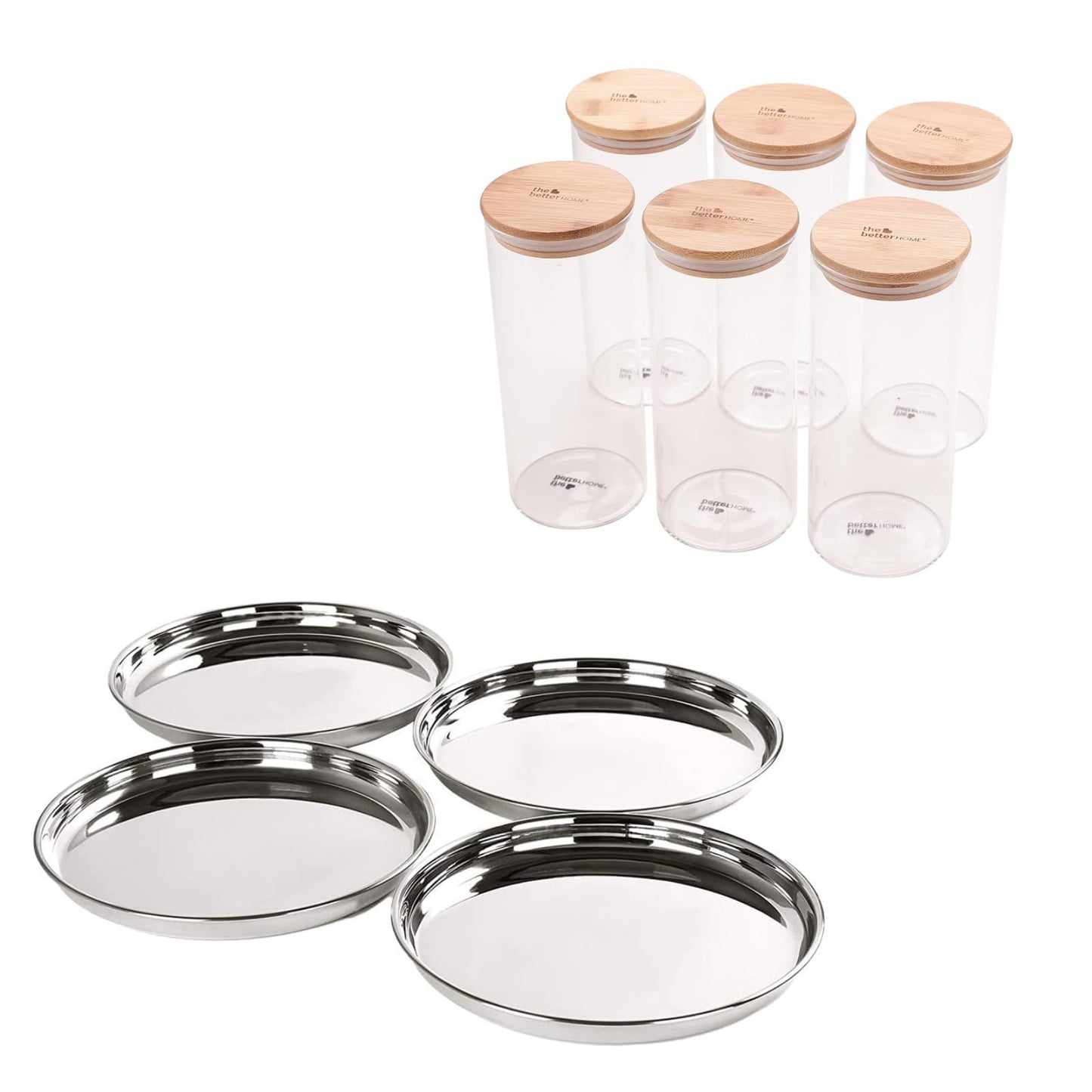 The Better Home 1000ml Tall Jars Pack of 6, SAVYA HOME 4 pcs Plate Set, Pack and Store Combo 1000ml Jars, Plates Set.