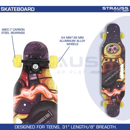 STRAUSS Plastic Skateboard, Anti-Skid, High Precision Bearings, Light-Up Wheels, Ideal for 8+ Years, 31x8 Inch, Astronaut, Multicolor