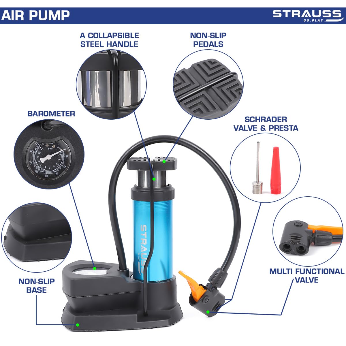 Strauss Portable High Pressure Foot Air Pump for Car/Bike/Bicycle/Football/Scooter, Fits Presta & Schrader, Blue, with Needle & Pressure Gauge.