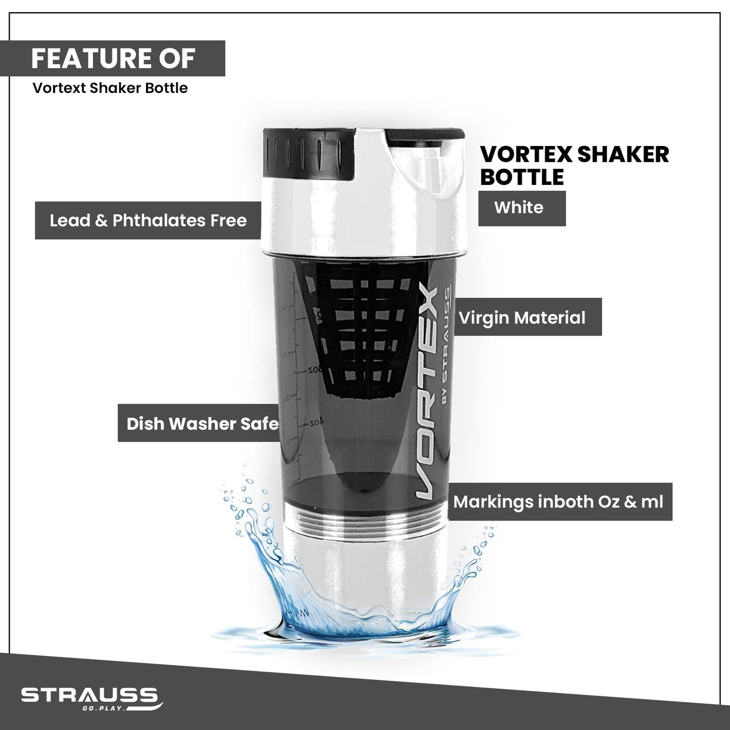 STRAUSS Vortex Shaker Bottle, 500ml, BPA-Free, Leakproof, with 2 Storage Compartments. Ideal for Protein Shakes, Pre-Workout, BCAAs.