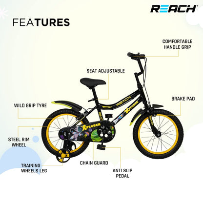 Reach Xplorer Kids Cycle 16T with Training Wheels, 90% Assembled, Frame Size 12, for Heights 3'8", Ages 4-8 Years