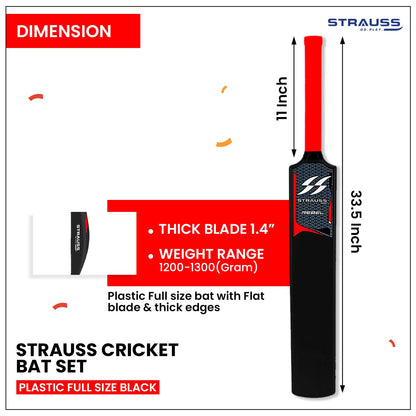 Strauss Cricket Combo Kit: Full Size, 1 Bat, 1 Ball, 3 Stumps, 2 Bails, 1 Base, Black, for All Ages, Tennis/Synthetic Ball.