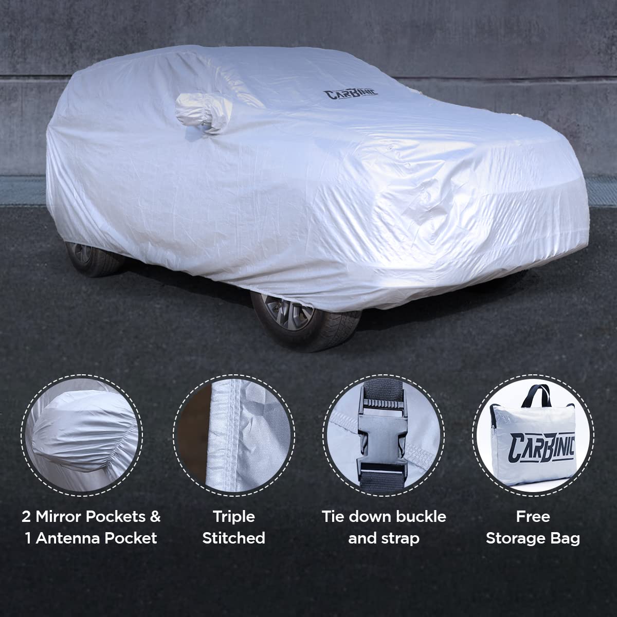 CARBINIC Waterproof Car Body Cover for Skoda Kushaq 2021: Dustproof, UV Proof, Mirror Pockets, Antenna, Triple Stitched, Double Layered, Soft Cotton Lining.