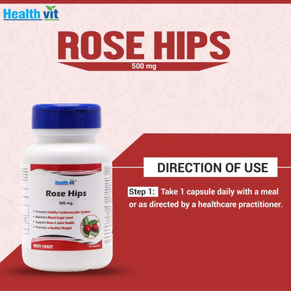 Healthvit Rose Hips 500mg: Healthy bones, joints, weight, blood sugar, cardiovascular system. 100% natural, vegan. 60 capsules.