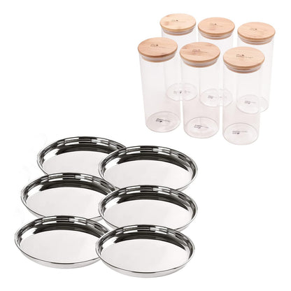 The Better Home 1000ml Tall Jars Pack of 6 & SAVYA HOME 6 pcs Big Plate Set for Kitchen Storage.