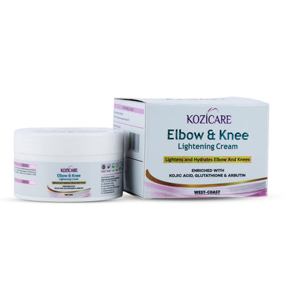 Kozicare Elbow & Knee Lightening Cream: Glutathione, Arbutin, Kojic Acid. Improves texture, hydrates, softens, eliminates patchy skin - 50gm.