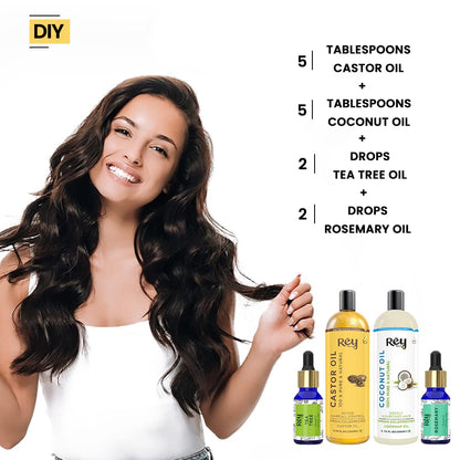 Rey Naturals hair oils kit: Castor, Coconut, Tea tree, Rosemary oils. Controls hairfall, no mineral oil, silicones, or synthetic fragrance.