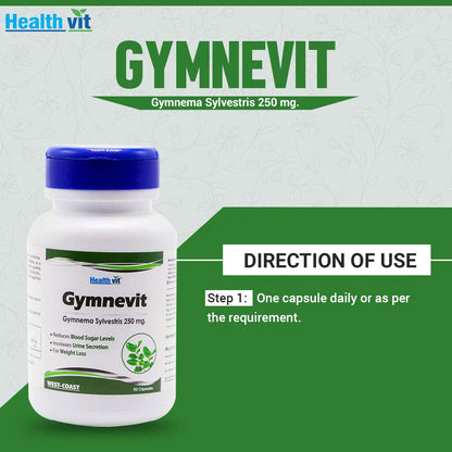 Healthvit Gymnevit Gymnema Sylvestris 250mg for Blood Sugar & Weight Management, Enhances Urine Secretion, Vegan Herbal Supplement, 60 Capsules