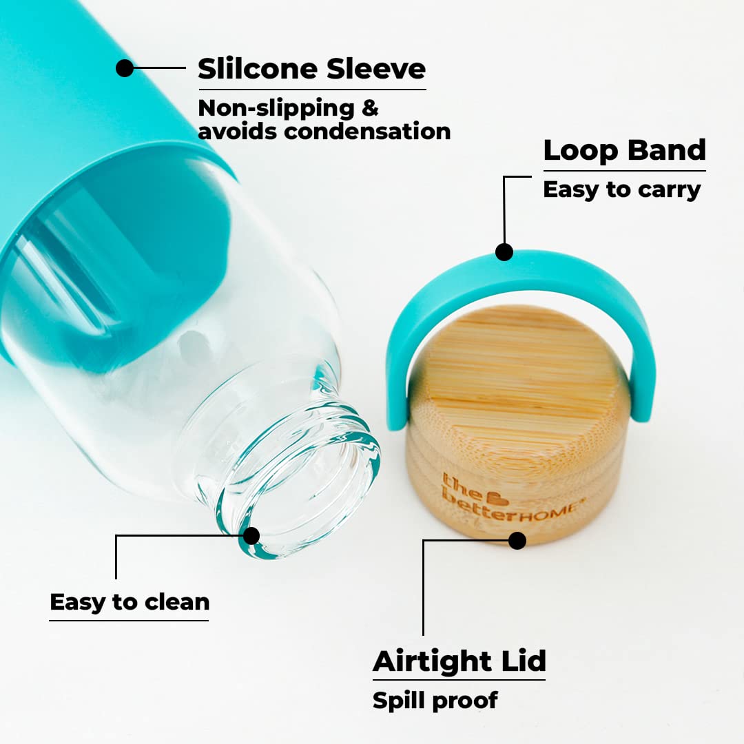 The Better Home Borosilicate Glass Water Bottle 500ml, Non-Slip Silicone Sleeve, Bamboo Lid, Light Blue, Pack of 5.