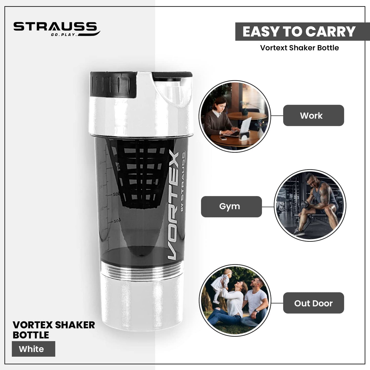 STRAUSS Vortex Shaker Bottle, 500ml, BPA-Free, Leakproof, with 2 Storage Compartments. Ideal for Protein Shakes, Pre-Workout, BCAAs.