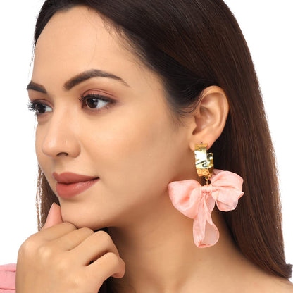 Yellow Chimes Earrings For Women Pink Colored Cloth Woven Bow Shaped Hoop Earrings For Women and Girls