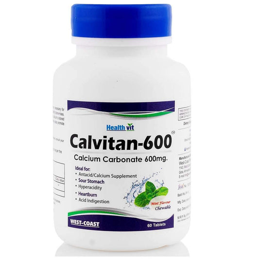 Healthvit Calvitan-600 Calcium Carbonate 400mg  Strengthens Bones  Teeth  Boosts Immunity  100 RDA  Multivitamin for men and women- 60 Tablets