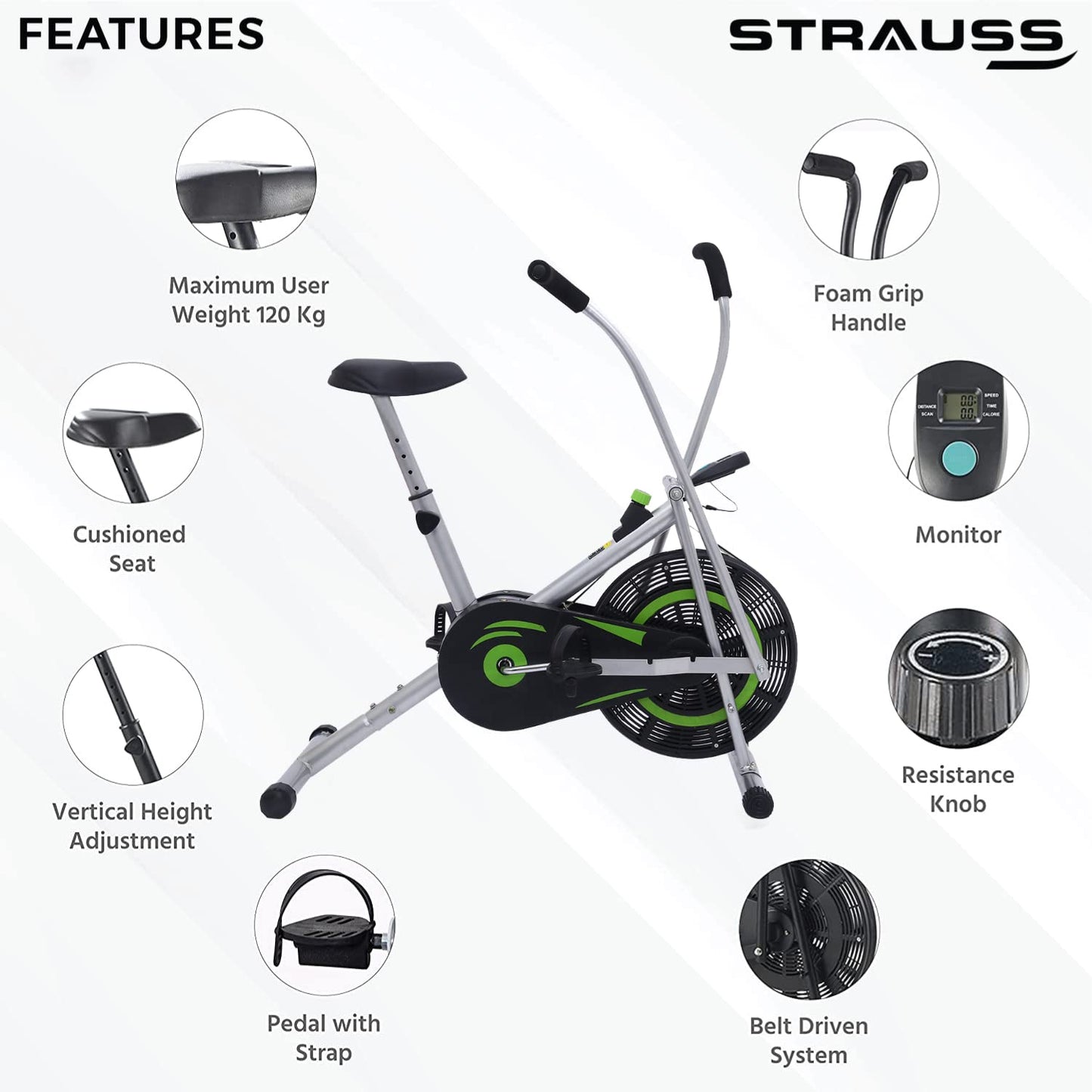 Strauss Stayfit Exercise Bike: Adjustable Resistance, Cushioned Seat, LCD Monitor, Max Weight 120Kg, Green.