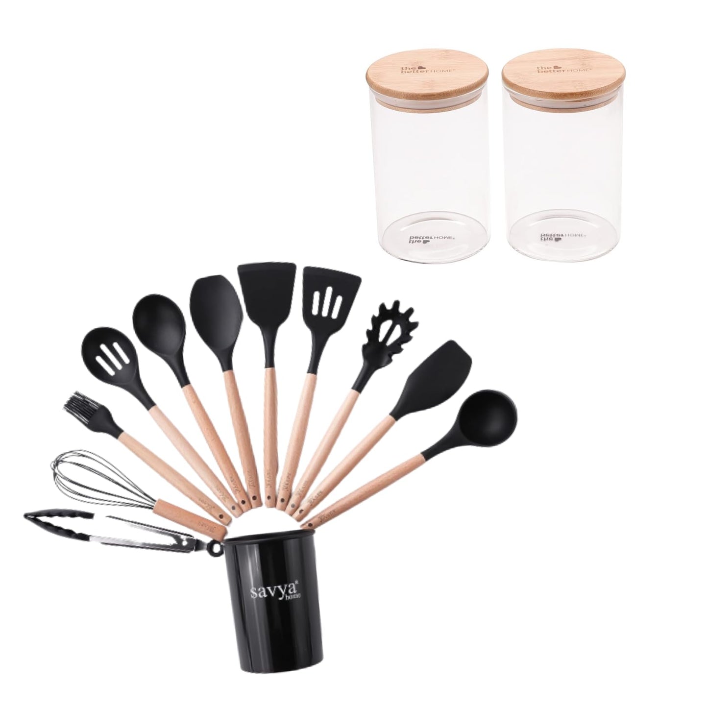 The Better Home 1000ml Jars Pack of 6, Savya 12 Pcs Kitchen Utensils Set Black-Silicone, Combo 2 Jars, 12Pcs Utensil Set