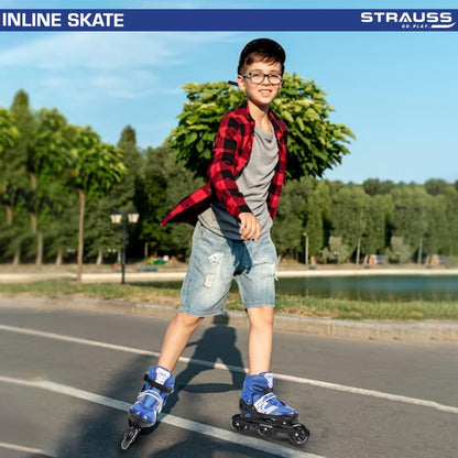 STRAUSS Blaze Adjustable Inline Skates for Boys & Girls, 3 Wheels, Beginner-Friendly, Enhanced Stability, Size L, Blue