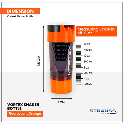 STRAUSS Vortex Shaker Bottle, 500ml, BPA-Free, Leakproof, 2 Storage Compartments, Ideal for Protein Shakes, Pre-Workout, BCAAs, Men & Women, Orange