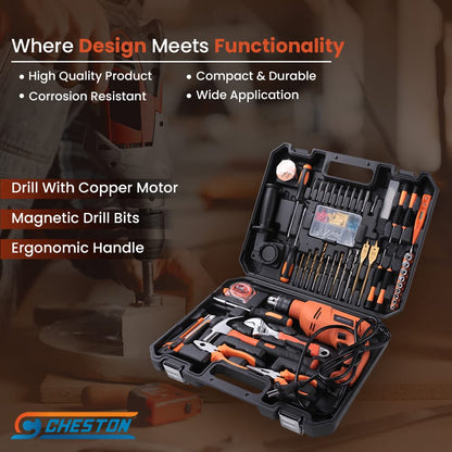 Cheston 13mm 600W Impact Drill Kit with 47 Tools: Screwdriver, Hammer, Wrench, Plier, Cutter, Spirit Level, Tape.