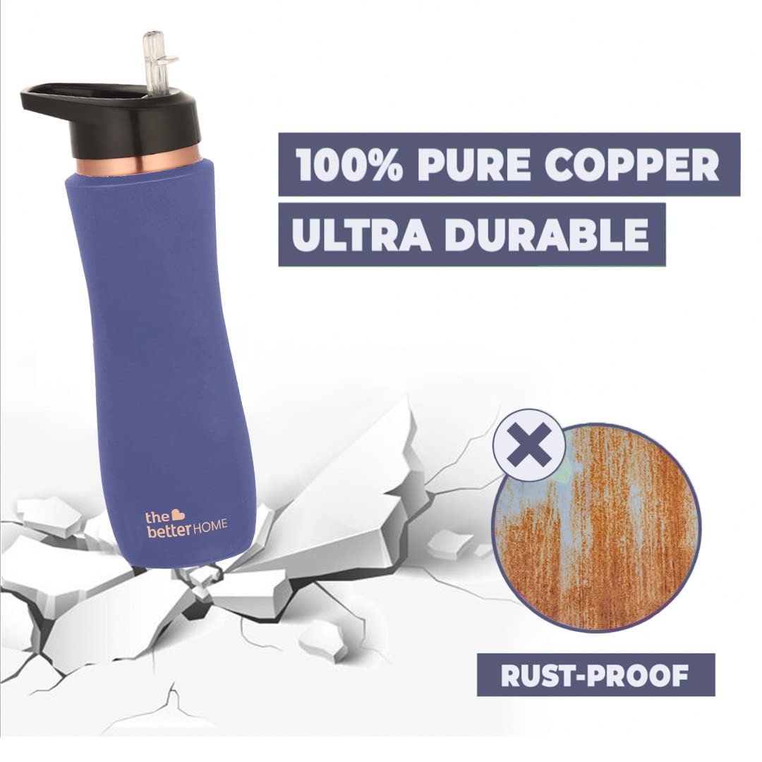 The Better Home Copper Water Bottle with Sipper, 100% Pure, BPA Free, Non-Toxic, Anti-Oxidant Properties, Purple.