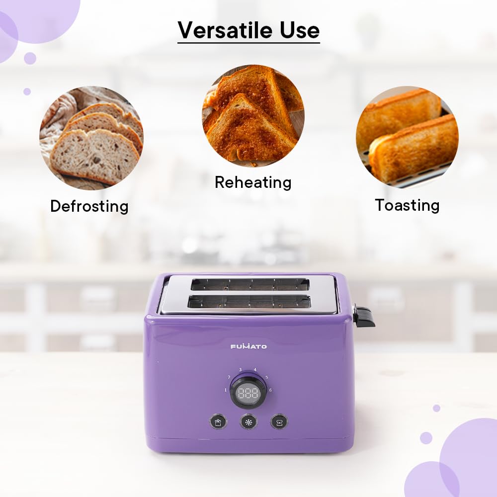 Fumato 1000W 2-Slice Toaster, Stainless Steel, 6 Heating Modes, Removable Crumb Tray, Extra Wide Slots, Cancel/Reheat/Defrost, 1 Yr Warranty, Purple