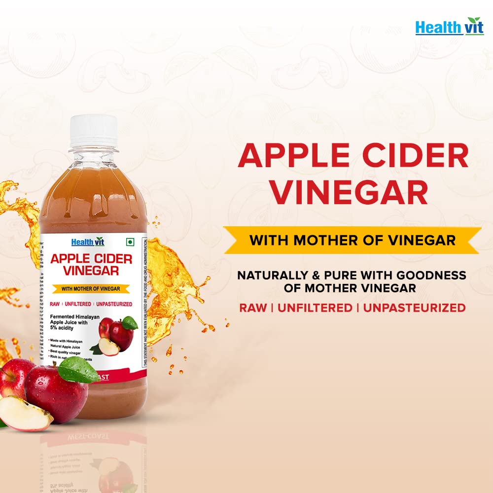 Healthvit Apple Cider Vinegar With Mother, 500ml: Weight Loss, Better Skin, Digestive Enzymes, Energy & Immunity Booster, Organic.