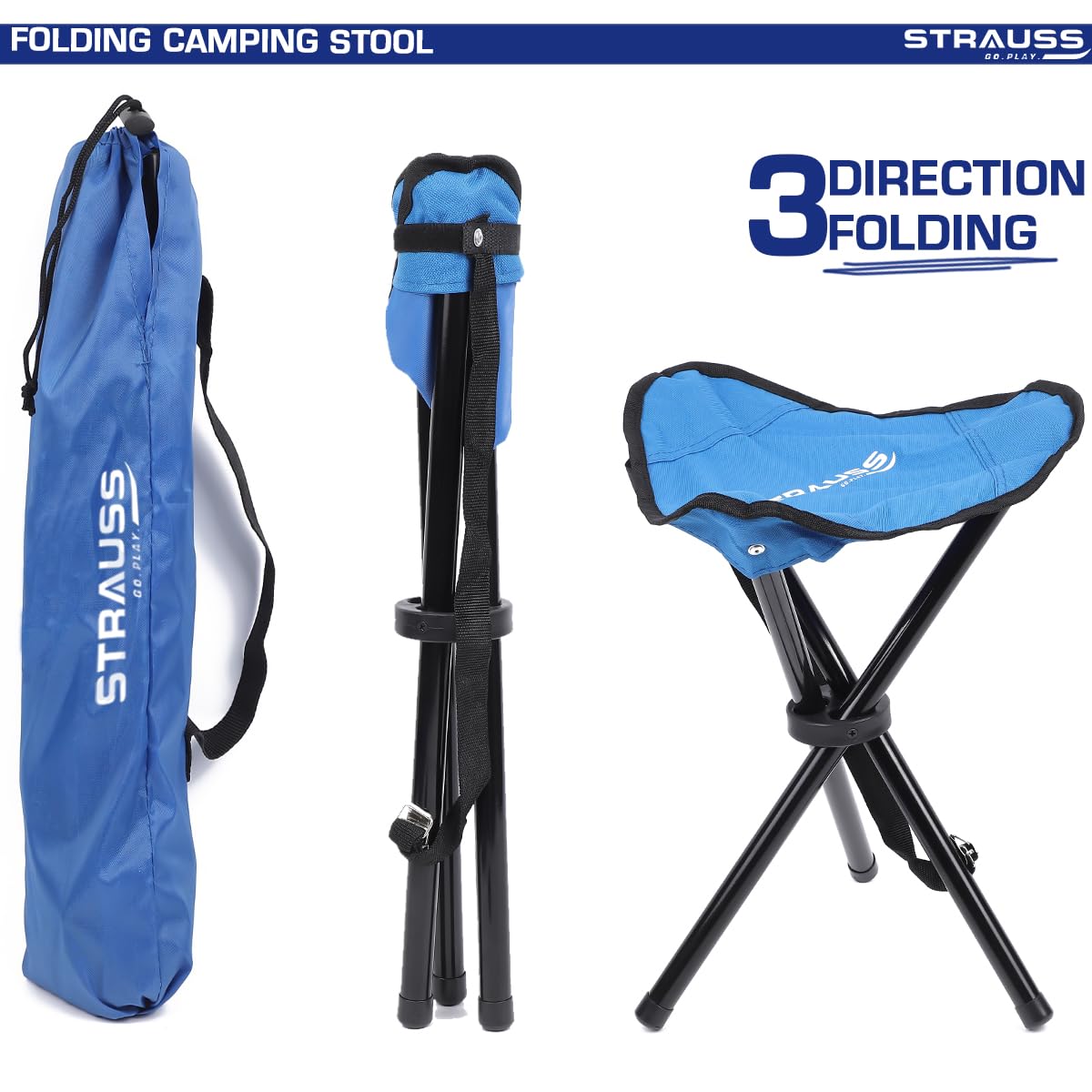 STRAUSS Folding Camping Chair: Portable, Foldable 3-Leg Stool for Camping, Fishing, Gardening, Beach. Compact Outdoor Seat. Blue, 32x32x42 cm.