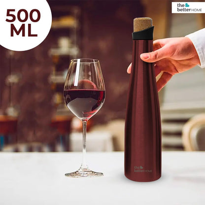 The Better Home 500ml Insulated Stainless Steel Water Bottle, 18 Hours Insulation, Cork Cap, BPA Free, Wine Colour, Leak Proof.