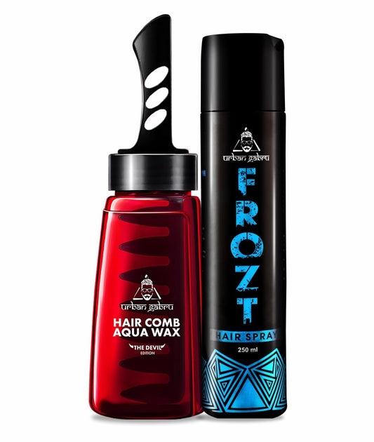 Urbangabru Hair Comb Aqua Wax 260 ML  Frozt Hair Spray for Strong Hold 250 ML - Mens Grooming Combo Kit