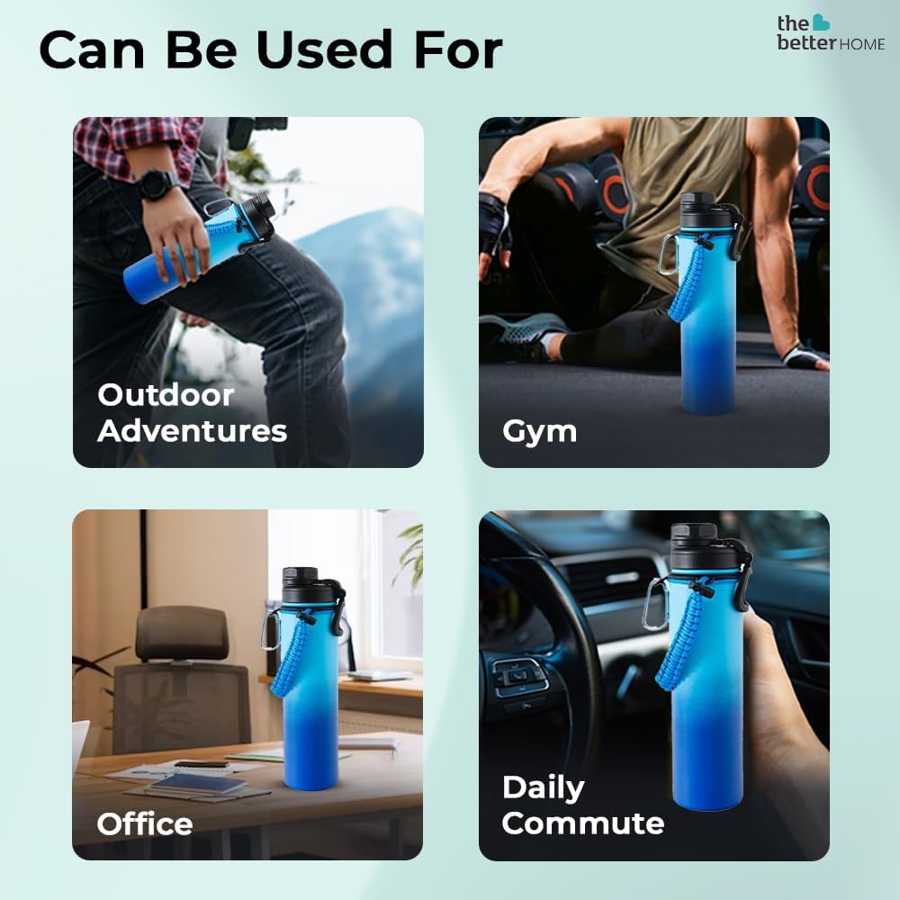 The Better Home 1200ml Stainless Steel Insulated Water Bottle, 6-12 hrs hot/cold, attachable to bags, for school, office, travel. Blue-Aqua.