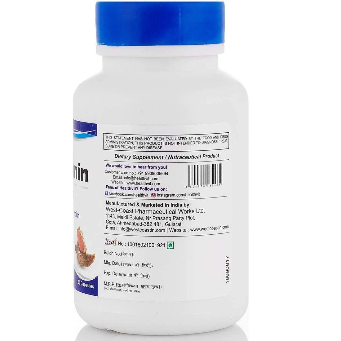 Healthvit Ultra-Pure Curcumin 475mg with 95% Curcuminoids & Piperine: Immune, Joint, Anti-Inflammatory, Skin Health, Liver Detox, 60 Capsules.