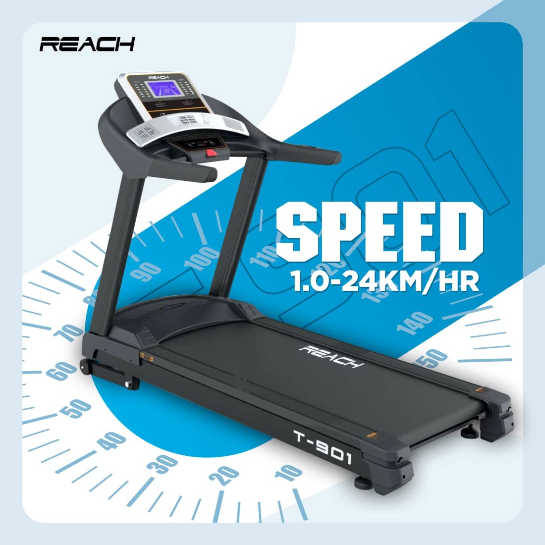 Reach T-901 Treadmill: 7 HP Motor, Auto Incline, LCD Display, 24 Preset Programs, 24 km/h, Max User Weight 130 kg.