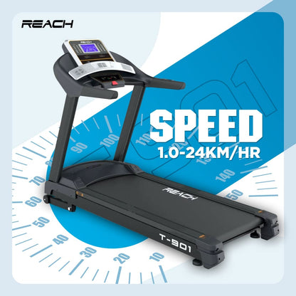 Reach T-901 Treadmill: 7 HP Motor, Auto Incline, LCD Display, 24 Preset Programs, 24 km/h, Max User Weight 130 kg.